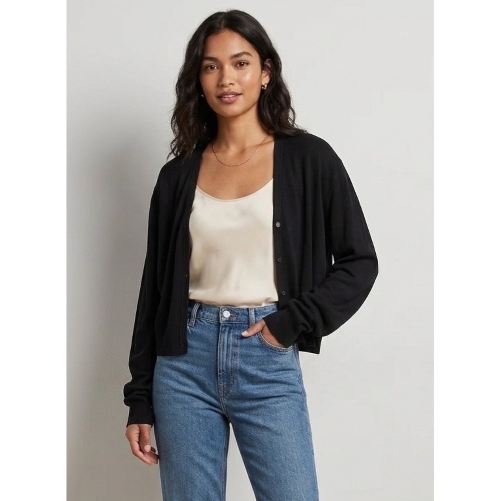 Banana Republic Cardigan L Black 100% Silk Ribbed V-Neck Quiet Luxury Chic